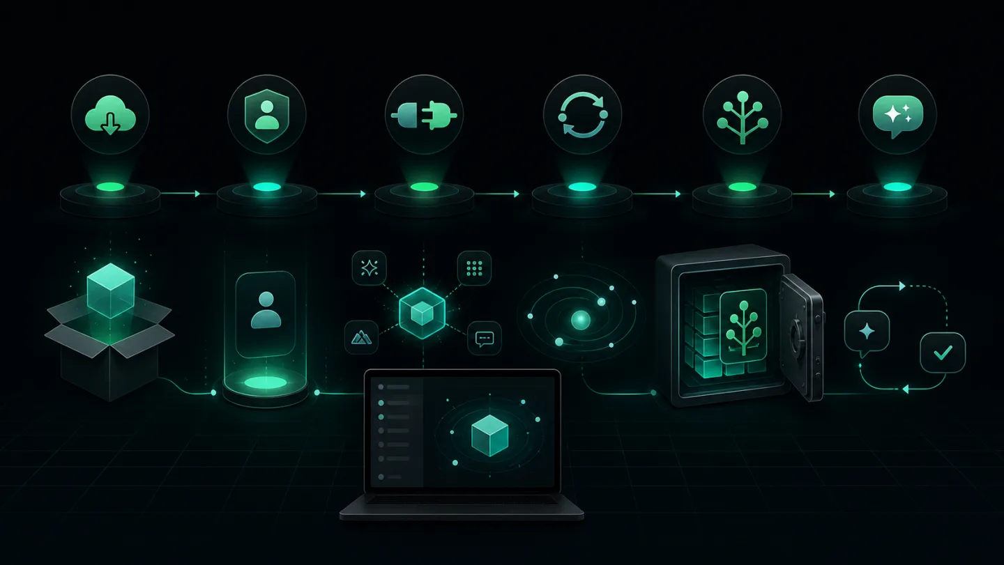 OpenHuman 安装后首次记忆同步检查流程示意图,公开来源、登录授权、集成同步、Vault 检查和验证提示词依次串联