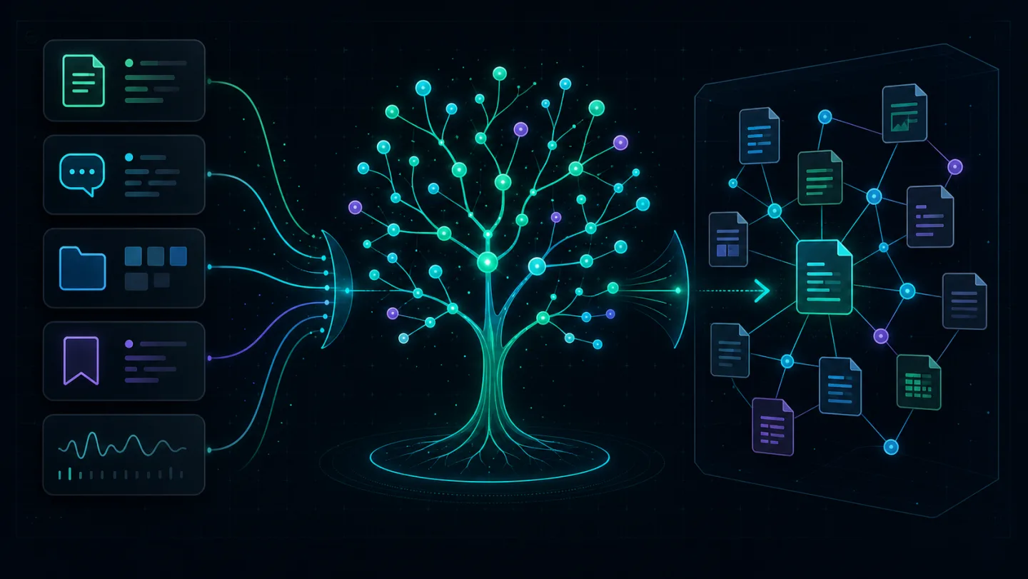 OpenHuman Memory Tree 与 Obsidian Markdown Vault 工作流示意图,多源个人资料汇入可检查的长期记忆树